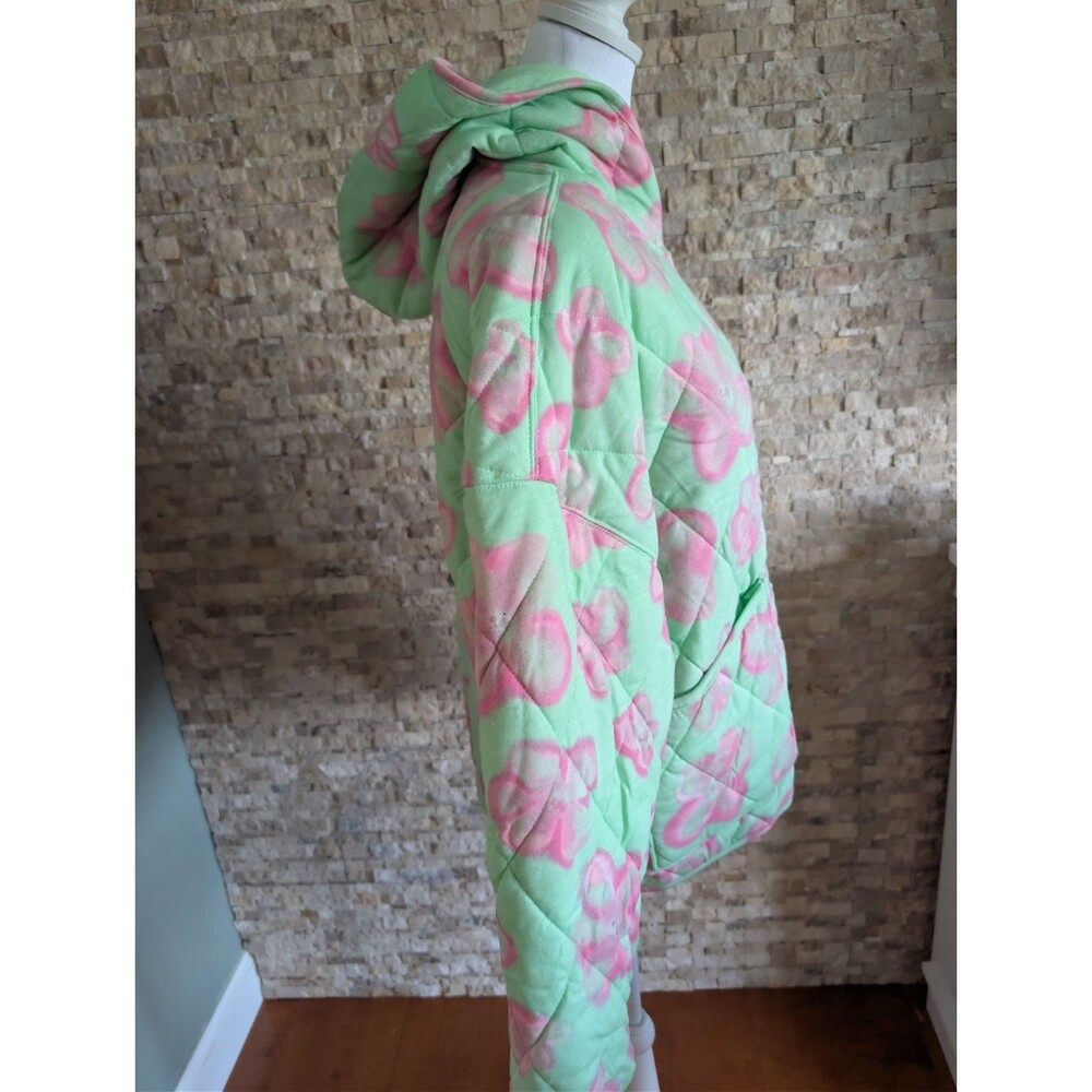 Mint Green Pink Floral Quilted Hooded Puffer Statement Jacket Zip Up Size L - Picture 2 of 11